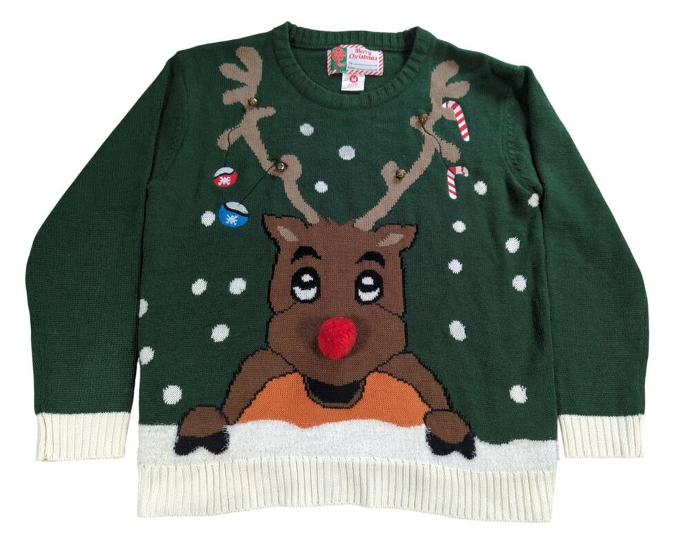 Merry Christmas Reindeer Ugly Xmas Sweater Green Womens M Holiday Pullover
